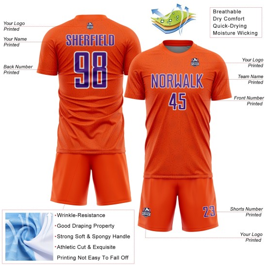 Shape Custom Sports Jersey Purple-White Orange Soccer Uniform Geometric Sublimation Shape Custom Sports Jersey Purple-White Orange Soccer Uniform Geometric Sublimation